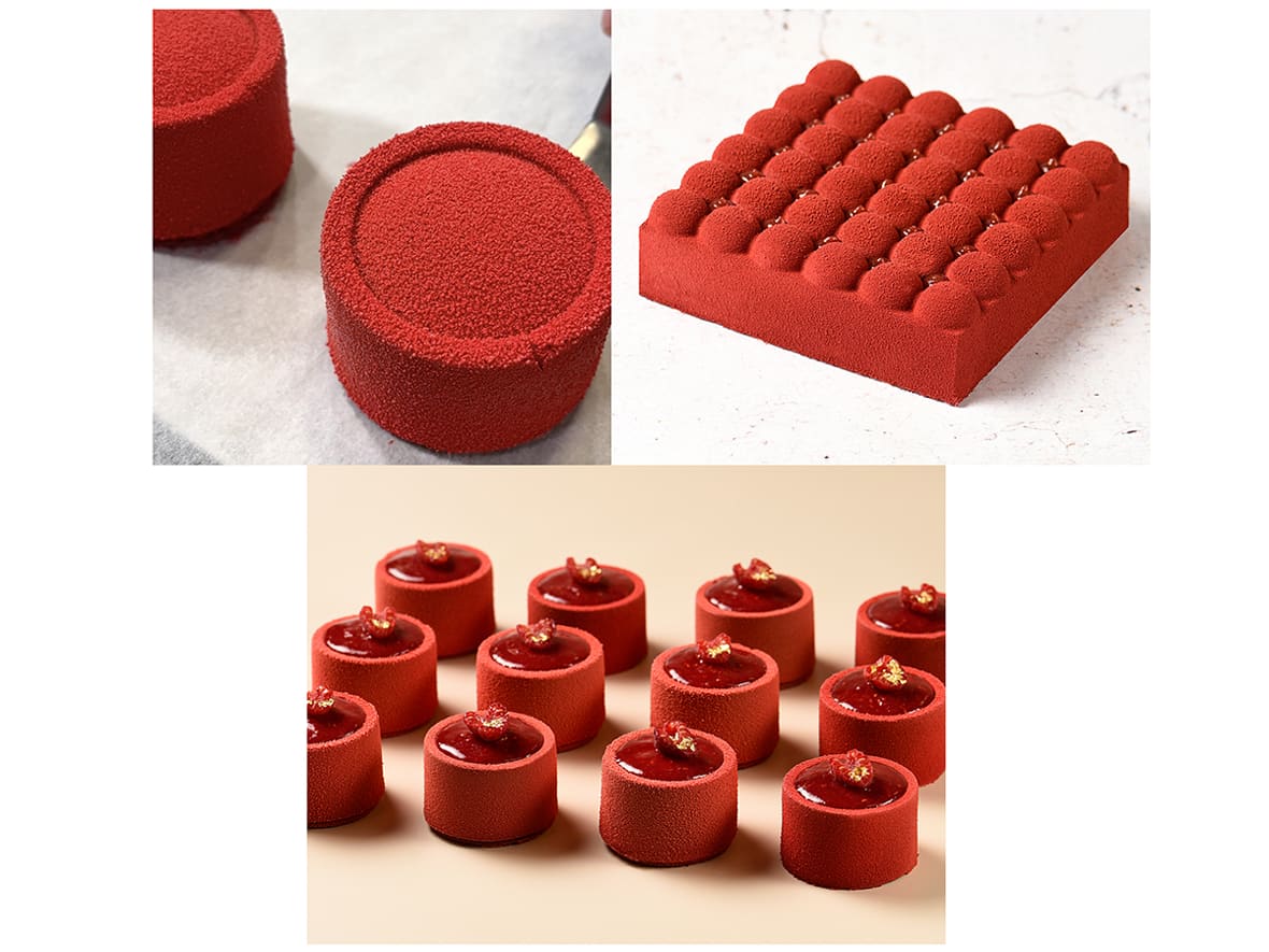 Spray velours patisserie sur mini entremets.*ATTR