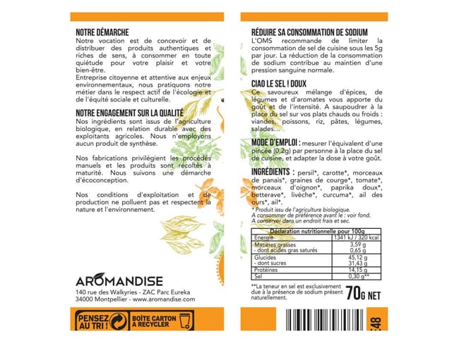 Organic Mild Salt Substitute - 70g - Aromandise