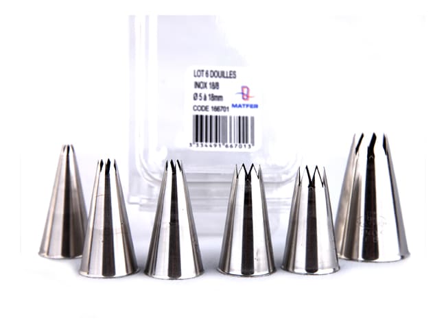 Stainless steel fluted piping nozzles - Set of 6 nozzles - Matfer