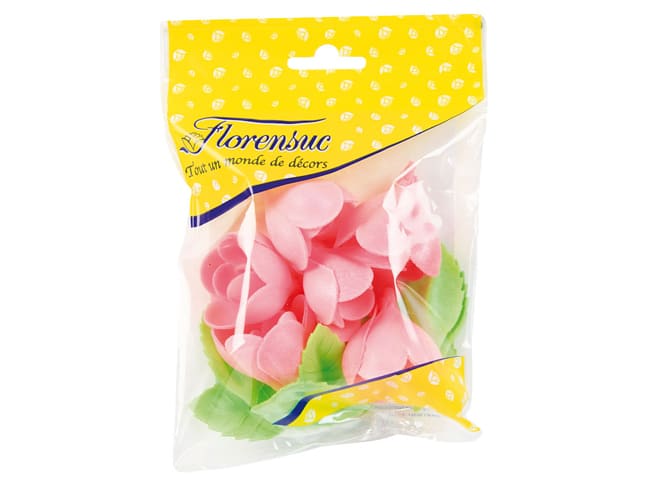 Pink Roses with Leaves (x 6) - Rice Paper - Ø 4cm - Florensuc