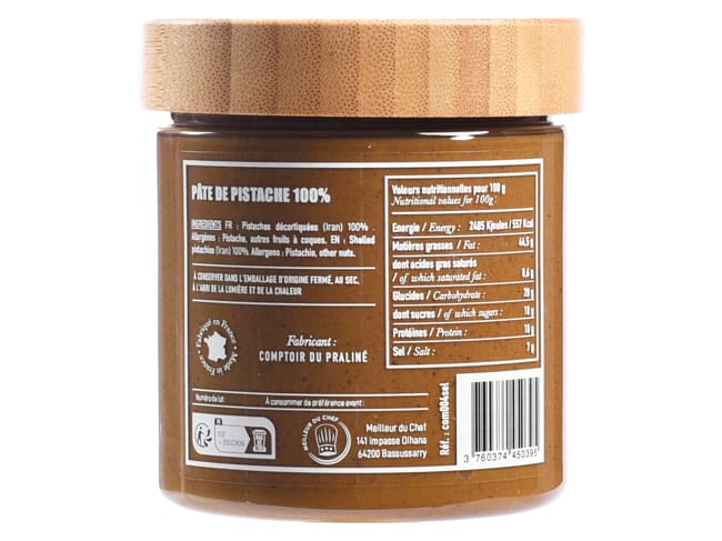 Pâte de pistache 100% - sans sucre ajouté ni colorants - 250 g - Comptoir du Praliné