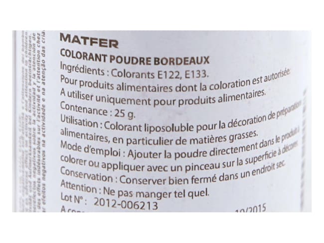 Colorant alimentaire en poudre bordeaux - hydrosoluble - 25 g - Matfer