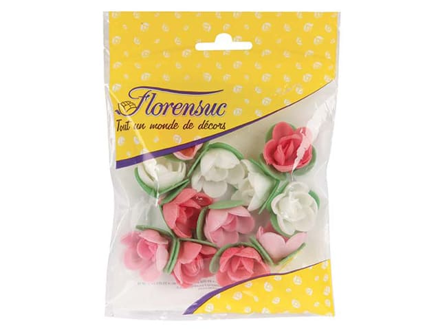 Roses blanches et roses avec feuilles (x 12) - azyme - Ø 3 cm - Florensuc