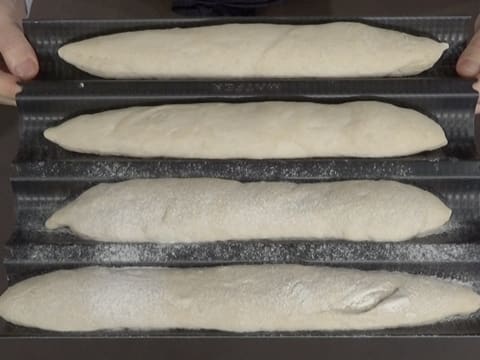 Quatre baguettes crues sur plaque à baguette