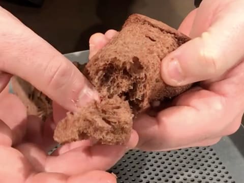 Le biscuit éponge cacao est déchiré avec les doigts