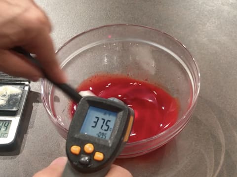 Prise de la température du beurre de cacao fondu et coloré en rouge, à l'aide d'un thermomètre à visée laser qui affiche 37,5°C