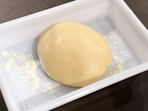 La pâte à brioche mise en boule est dans le bac alimentaire fariné