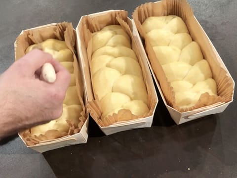 Une des trois brioches qui ont poussé, est dorée au pinceau pâtissier