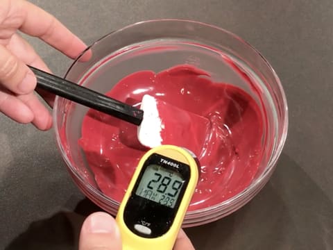 Prise de la température du chocolat à la framboise fondu dans le saladier, qui titre 28,9°C