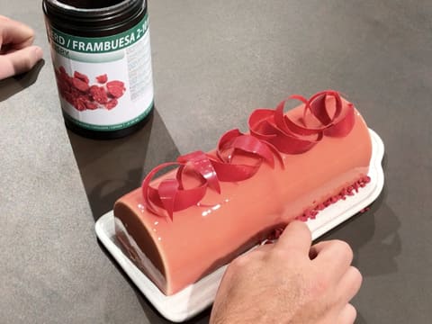 Des éclats de framboise croustillants sont déposés à la base de la bûche glacée et décorée