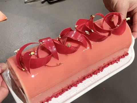 Vision du côté de la bûche de Noël framboise et vanille Tahiti décorée