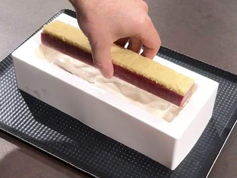 L'insert framboise est déposé au centre du moule à bûche en silicone, sur la mousse suprême vanille Tahiti