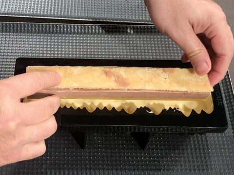 L'insert est placé dans le moule à bûche silicone, côté arrondi sur la mousse Inspiration passion