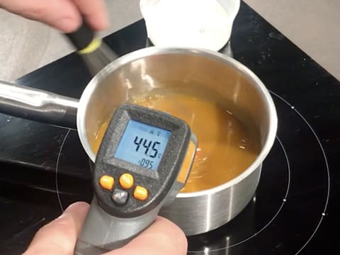 Prise de la température qui s'élève à 44,5°C des purées de fruits et du sirop de glucose dans la casserole