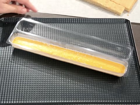 L'insert à la compotée exotique est congelé et le moule insert à bûche est placé sur une plaque à pâtisserie