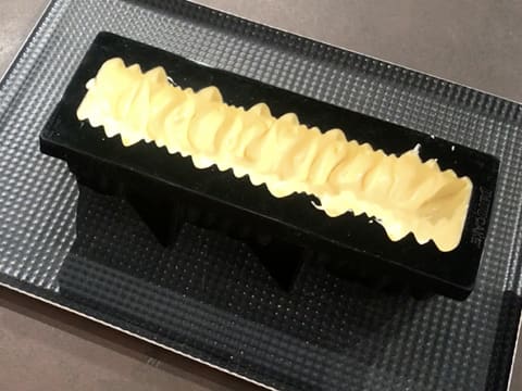 Obtention du moule à bûche silicone à moitié rempli avec la mousse Inspiration passion