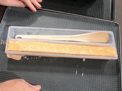 L'insert à bûche est congelé et placé sur une plaque à pâtisserie