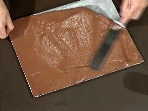 La pâte à biscuit chocolat est étalée sur toute la surface de la plaque à pâtisserie recouverte d'une feuille de papier sulfurisé, avec la spatule métallique coudée