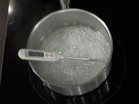 Prise de température du sirop qui est en ébullition dans la casserole, à l'aide d'un thermomètre à sonde électronique