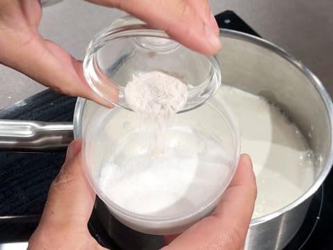Du sucre en poudre est versé sur la pectine X 58 contenue dans un petit récipient