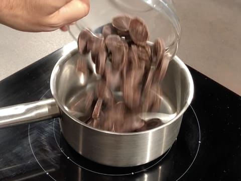 Les fèves de chocolat noir sont versées dans une casserole qui est placée sur une plaque de cuisson