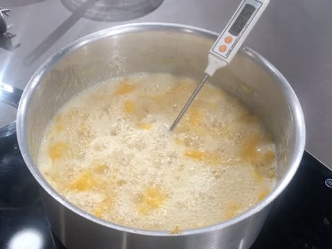 Prise de la température de la préparation à base de lanières d'écorce et de segments de clémentines en ébullition dans la casserole, avec le thermomètre de cuisine qui affiche 102,5°C