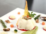 Mousseline de cabillaud aux deux pur&eacute;es et cr&egrave;me d'asperges