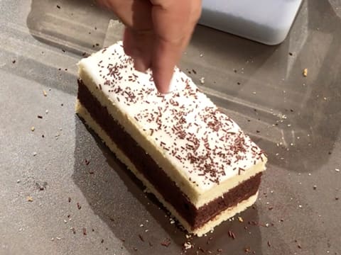 Du vermicelle fin au chocolat est parsemé sur le glaçage au sucre, sur toute la surface du Napolitain