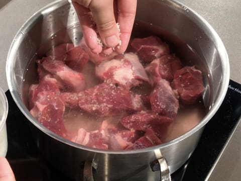 Ajout d'une pincée de gros sel dans le faitout qui est placé sur la plaque de cuisson et qui contient les morceaux de viande recouverts d'eau