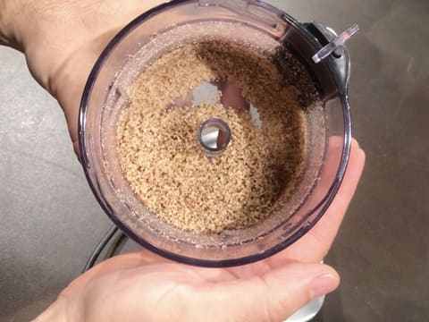 Obtention d'une poudre de noix de pécan dans la cuve du petit mixeur