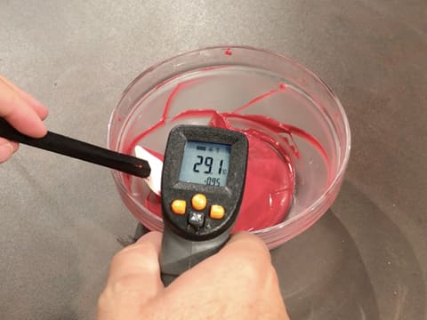Prise de la température du chocolat inspiration framboise dans le bol en verre, à l'aide d'un thermomètre à visée laser qui affiche 29,1°C