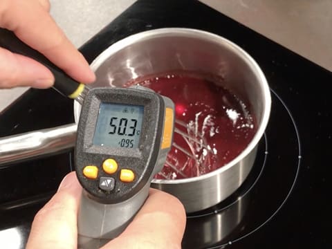 Prise de la température de la purée de framboise à l'aide d'un thermomètre à visée laser qui affiche 50,3°C