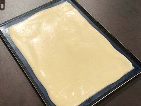 The silicone mat is covered with a layer of biscuit batter