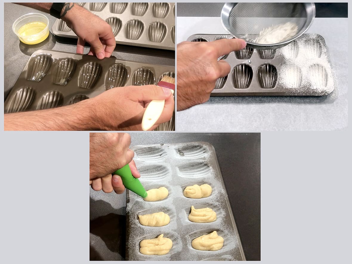 Les étapes de graissage et de remplissage d'un moule madeleine.*ATTR