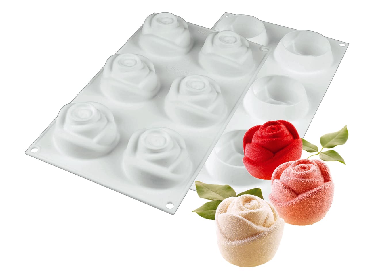 Silikomart SF077 SiliconFLEX 6 Compartment Rose Silicone Baking Mold - 3 x  3 x 1 9/16 Cavities