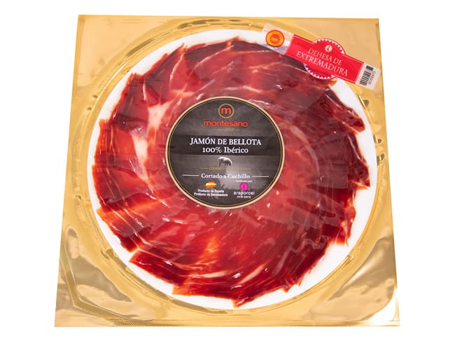 Jambon de Bellota découpé à la main - 100% Ibérique AOP affiné 36 mois - 100 g DDM proche - Montesano