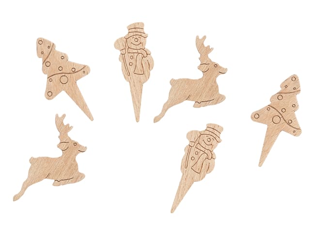 Décoration bûche tout bois (x 48) - Sapin, bonhomme de neige, cerf - Nordia