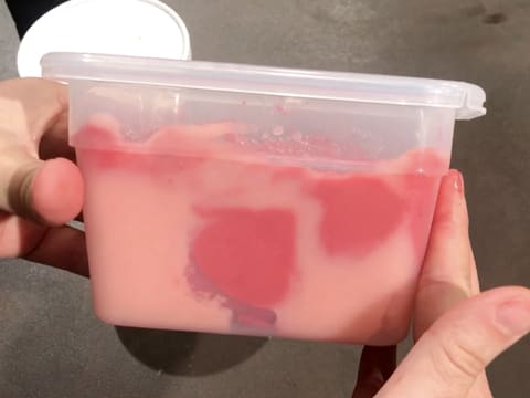 Vue sur le côté du bac alimentaire et du patchwork formé par les petits blocs de sorbet litchi et de sorbet framboise