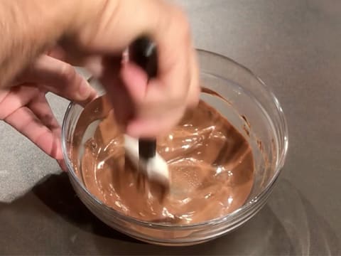 Mélange du chocolat au lait fondu et du praliné amandes noisettes dans le saladier en verre avec la spatule maryse