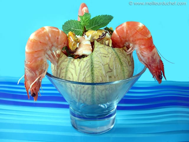 Brochette de crevettes et melon au piment d'Espelette