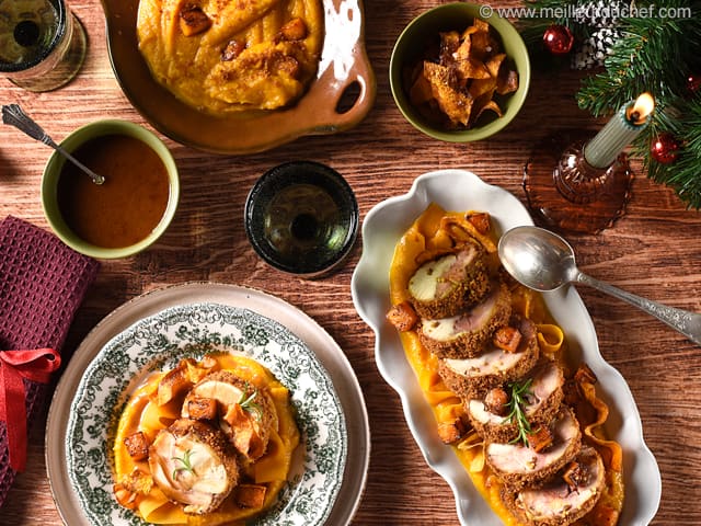 Suprême de volaille de Noël en croûte de pain d'épices, déclinaison autour de la courge, sauce Périgueux à la truffe noire