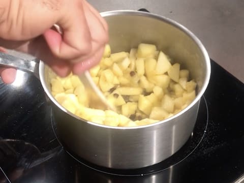 Mélange des pommes avec tous les autres ingrédients dans la casserole, à l'aide d'une spatule, pendant la cuisson