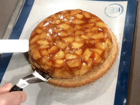 L'entremets glacé est placé sur le disque de biscuit cuit qui est sur le tapis de cuisson en silicone