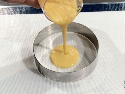 Pour the exotic fruit crémeux into a mousse ring placed on a silicone mat