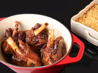 Roasted Lamb Shanks, Macaroni & Cheese Gratin